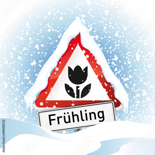 verschneites Schild Frühling mit Tulpensymbol und Schneewehe