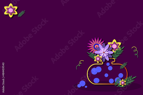 Illustration with a bouquet of flowers in a vase on a dark background. A postcard for mother s Day or birthday. A place for congratulations