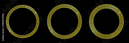 Golden greek circle frames set. Vintage ornaments on dark background.