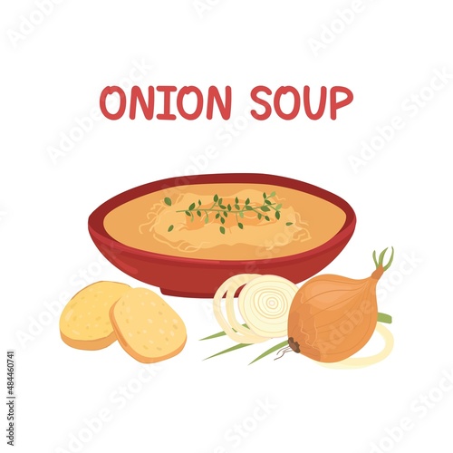 A bowl of hot onion soup. French cuisine. Soup croutons. Vegetable soup.