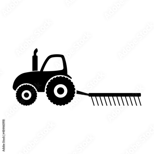 Tractor with harrow icon. Black silhouette. Side view. Vector simple flat graphic illustration. Isolated object on a white background. Isolate.