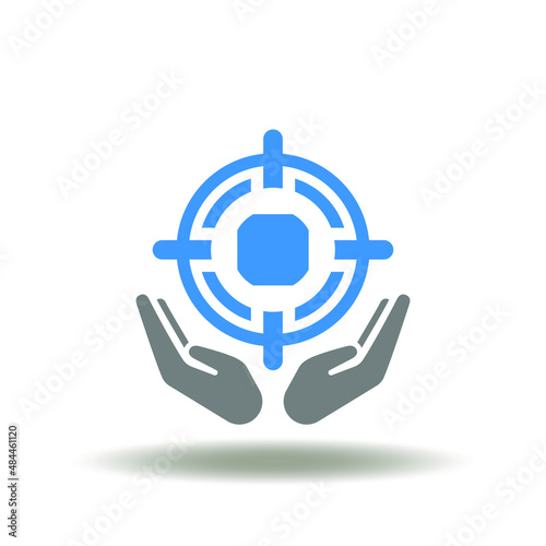 Vector illustration of aim with hands palm. Icon of goals. Symbol of targeting.