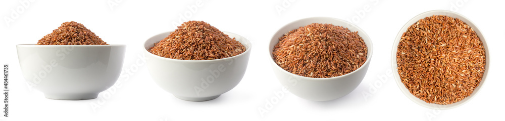 set of whole grain dark brown rice in a bowl, also called purple rice, forbidden or chinese black rice, isolated on white background set of whole grain dark brown rice in a bowl, also called purple rice, forbidden or chinese black rice, isolated on white background