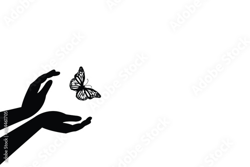 butterfly set free vector art, a butterfly flying for freedom from an open hand, freedom concept, hope concept illustration.