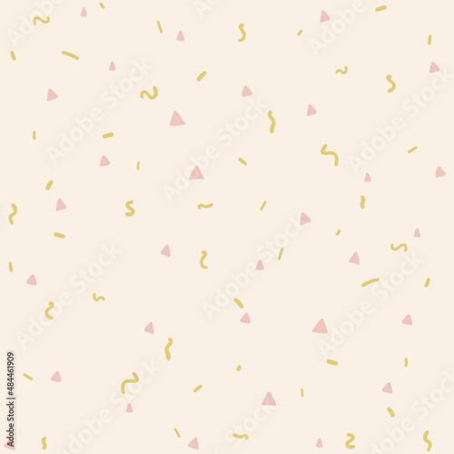 Minimal seamless birthday vector pattern with triangle and confetti. 
Memphis celebration texture.