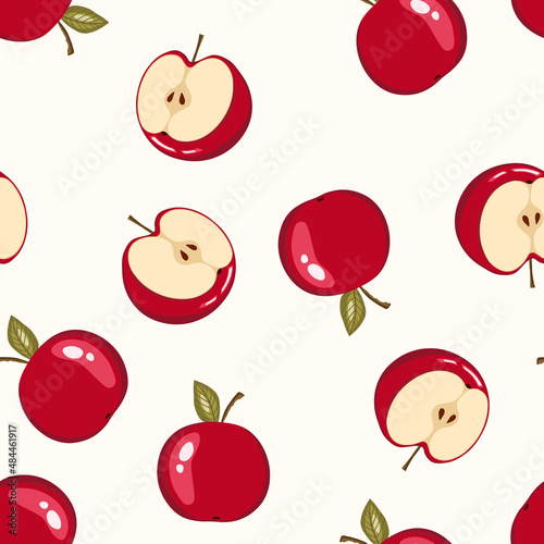 Seamless pattern with apple on white background. Natural delicious ripe tasty fruit. Vector illustration for print  fabric  textile  banner  other design. Stylized apples with leaves. Food concept