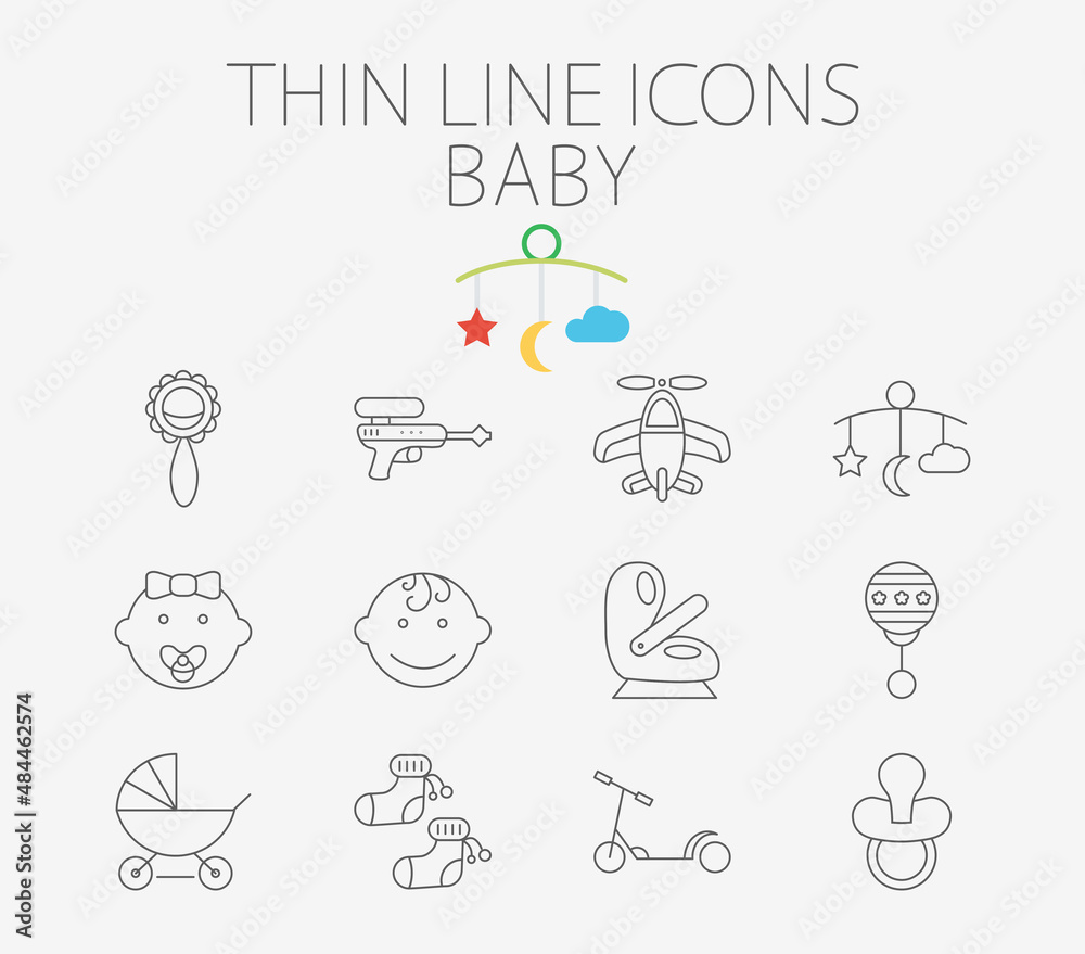 Baby thin line icon set for web and mobile applications. Set includes - gun, car seat, nipple, airplane, rattle, crib toy, boy, baby girl, pram, socks, scooter. Pictogram, infographic element