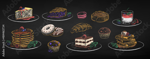 Chalk drawn vector set of desserts and pastries