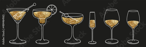 Big set of glassware alcoholic drinks. Golden glitter illustration isolated. Flat design style with color fill. Champagne, wine, martini, cocktails