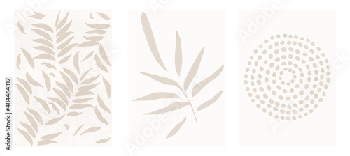Set of three botanical posters vector illustration. Foliage drawing and abstract shapes. Minimal, natural, leaves and ferns art print. Abstract plant design for background, wallpaper, card, wall art
