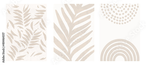 Set of three botanical posters vector illustration. Foliage drawing and abstract shapes. Minimal, natural, leaves and ferns art print. Abstract plant design for background, wallpaper, card, wall art