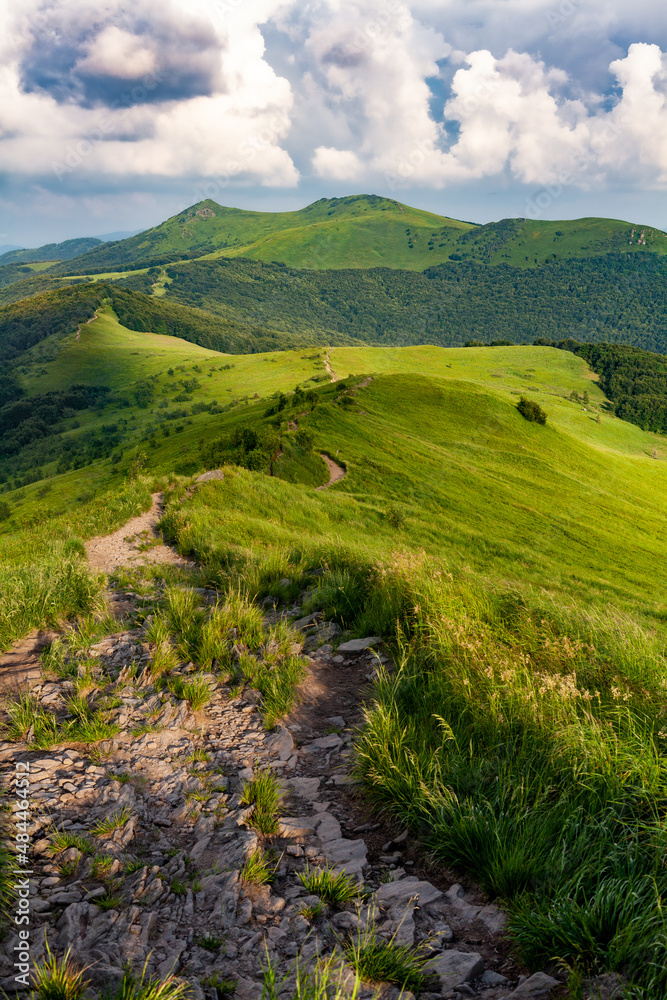 Obraz na płótnie Niesamowity letni górski krajobraz zielonych wzgórz. Szlak Połoniną Wetlińską z widokiem na Bukowe Berdo, Bieszczady, Polska w salonie