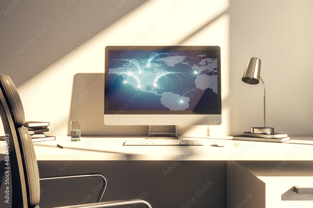 Modern computer monitor with abstract digital world map with connections, research and strategy concept. 3D Rendering Modern computer monitor with abstract digital world map with connections, research and strategy concept. 3D Rendering