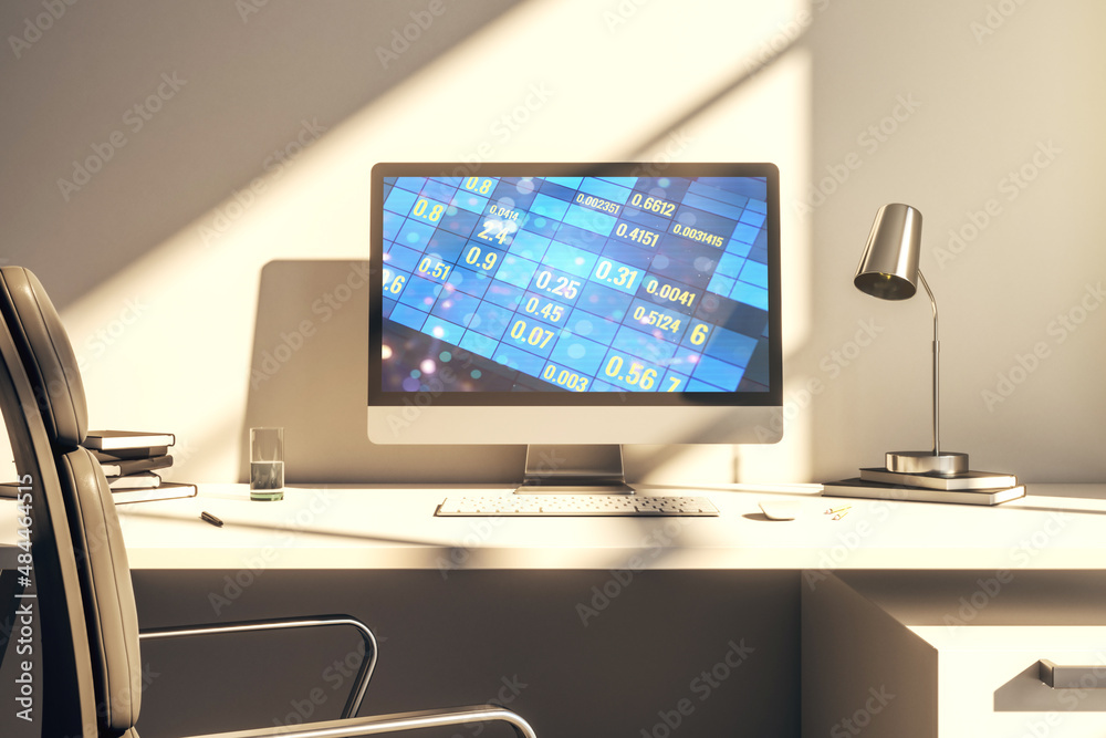 Modern computer monitor with abstract statistics data hologram interface, computing and analytics concept. 3D Rendering Modern computer monitor with abstract statistics data hologram interface, computing and analytics concept. 3D Rendering