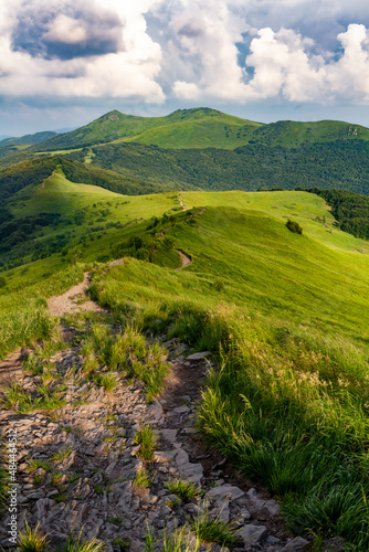 Fototapeta Naklejka Na Ścianę i Meble -  Niesamowity letni górski krajobraz zielonych wzgórz. Szlak Połoniną Wetlińską z widokiem na Bukowe Berdo, Bieszczady, Polska