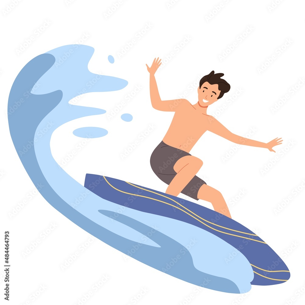 Young man surfing . Flat illustration isolated on white background Young man surfing . Flat illustration isolated on white background