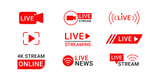 Live streaming, live news icons with play sign and wi-fi. Buttons for broadcasting, livestream or online stream. Template for tv, online channel, live breaking news, social media