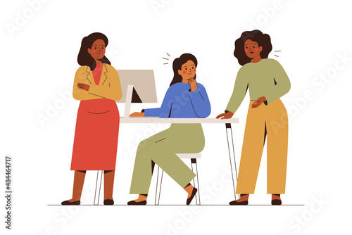 Women discuss together some idea or solution. Creative Females colleagues  work together on one project. Partners have  Business meeting or brainstorming in the office. Coworking concept. Vector