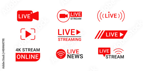 Live streaming, live news icons with play sign and wi-fi. Buttons for broadcasting, livestream or online stream. Template for tv, online channel, live breaking news, social media