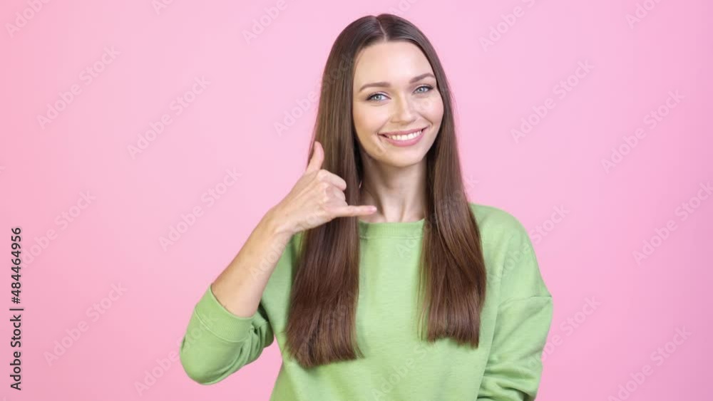 Lady meet guy ask call smartphone gesture isolated pastel color background