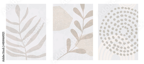 Set of three botanical posters vector illustration. Foliage drawing and abstract shapes. Minimal, natural, leaves and ferns art print. Abstract plant design for background, wallpaper, card, wall art