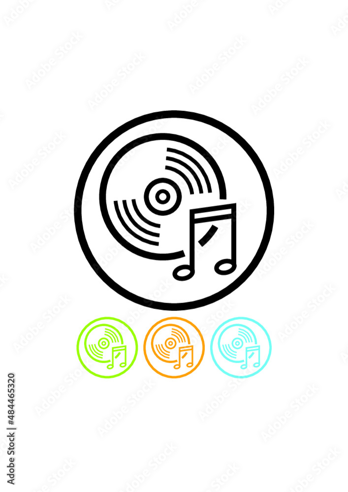 Sound and music disk. Play music. MP3 music record. Compact CD or vinyl disc record with a musical note. Vector icon