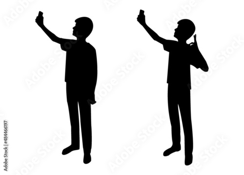 Set of silhouette of male kid taking selfie 