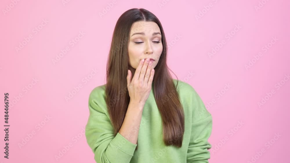 Upset lady talk secret cover close hand mouth isolated pastel color background Upset lady talk secret cover close hand mouth isolated pastel color background