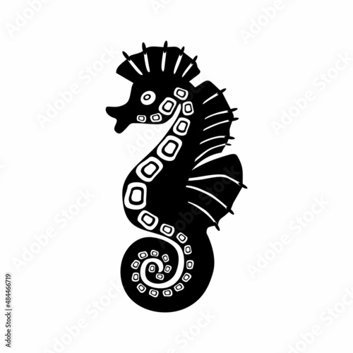 Seahorse black icon on white background. Beautiful silhouette for tattoo design, wedding festive card, fashion ornaments, logo, children, pattern. Vector illustration.