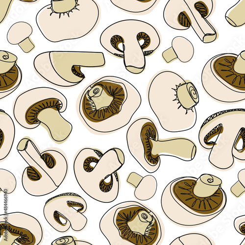 Fototapeta Naklejka Na Ścianę i Meble -  Champignon mushroom seamless pattern. Hand Drawn vegetable background. Print for fabric, textiles, wrapping paper, web. Vector illustration
