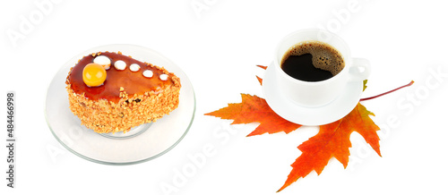 A cup of coffee on a yellow maple leaf and a cake isolated on a white . Collage. Wide photo.