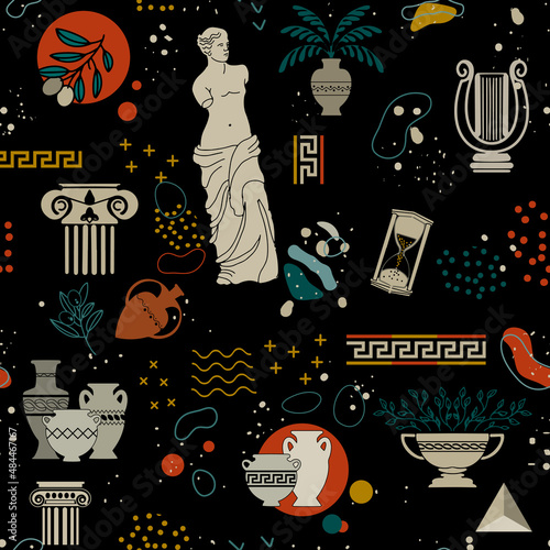 Seamless pattern of antique ancient Greek statues, jugs, amphorae, vases and column capitals. Vector abstract background with elements of Greek ornament.