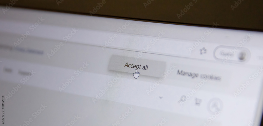 Accept all message on a computer screen, closeup view. Accept cookies, changes, email address Accept all message on a computer screen, closeup view. Accept cookies, changes, email address