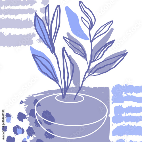 Abstract purple background in a trendy very peri palette. Minimalist leaves and plants banner
