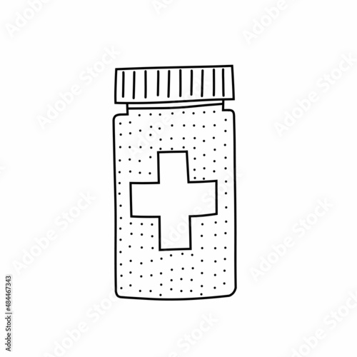 Hand drawn vector illustration of drug bottle in doodle style. Cute illustration of a medicine bottle on white background.