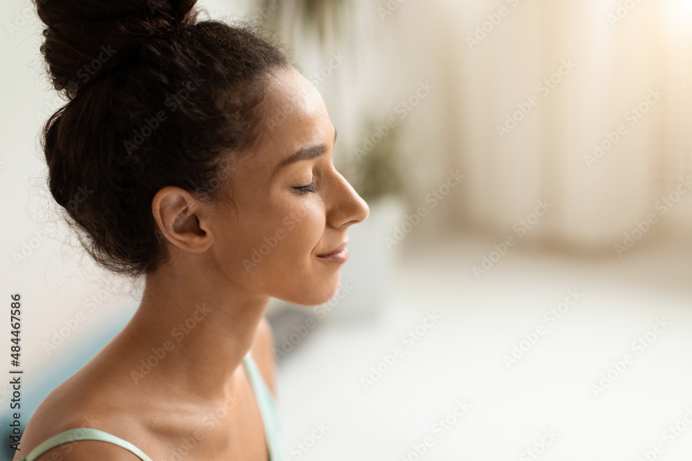 Mental Wellbeing. Closeup Shot Of Beautiful Calm Brunette Woman With Closed Eyes Mental Wellbeing. Closeup Shot Of Beautiful Calm Brunette Woman With Closed Eyes