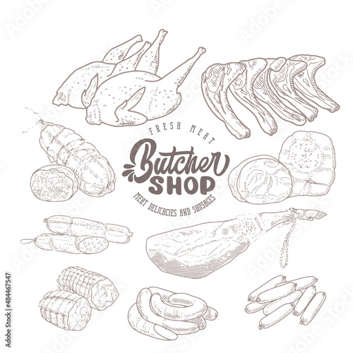 Set of meat products and meat delicacies. Sausages, ham, bacon, lard, salami in sketch style.