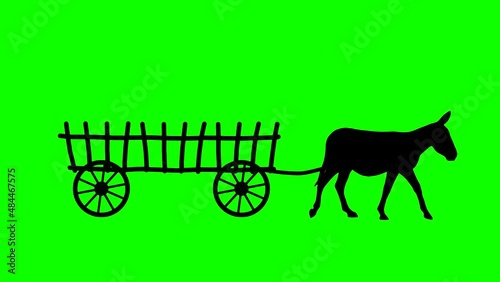 A donkey pulling a cart, animation on the green background