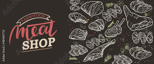 A set of raw meat. Beef, pork, lamb. Vector illustration in the style of a sketch. A booklet, banner, or flyer of a butcher shop or store.