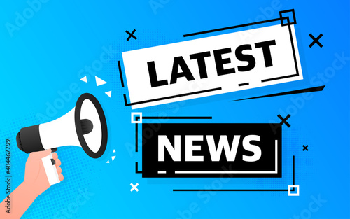Megaphone blue banner with latest news sign. Vector illustration
