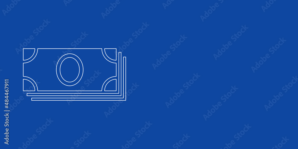 A large white outline money bundle symbol on the left. Designed as thin white lines. Vector illustration on blue background A large white outline money bundle symbol on the left. Designed as thin white lines. Vector illustration on blue background