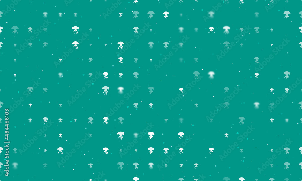 Seamless background pattern of evenly spaced white jellyfish symbols of different sizes and opacity. Vector illustration on teal background with stars