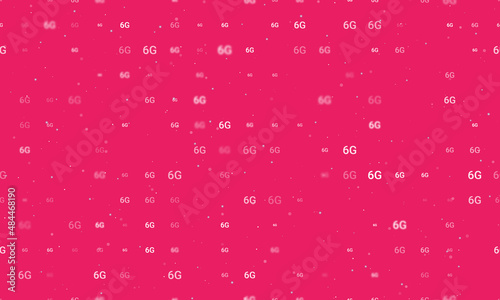 Seamless background pattern of evenly spaced white 6G symbols of different sizes and opacity. Vector illustration on pink background with stars