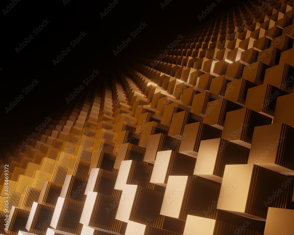 Obraz premium Many metal glossy cubes with dark stripes in golden light abstract background illustration 3D-rendering
