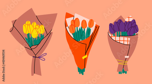 Three bouquets of Tulips. Bouquet of spring fresh flowers wrapped in craft paper. Beautiful lush tulips for Mother's Day. Holiday floral decor. Hand drawn Vector set. Colorful isolated illustrations
