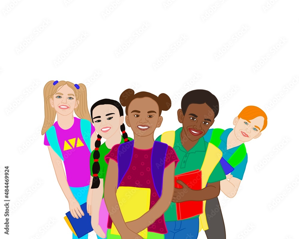 illustration of a group of smiling schoolchildren of different gender and race on a white background illustration of a group of smiling schoolchildren of different gender and race on a white background