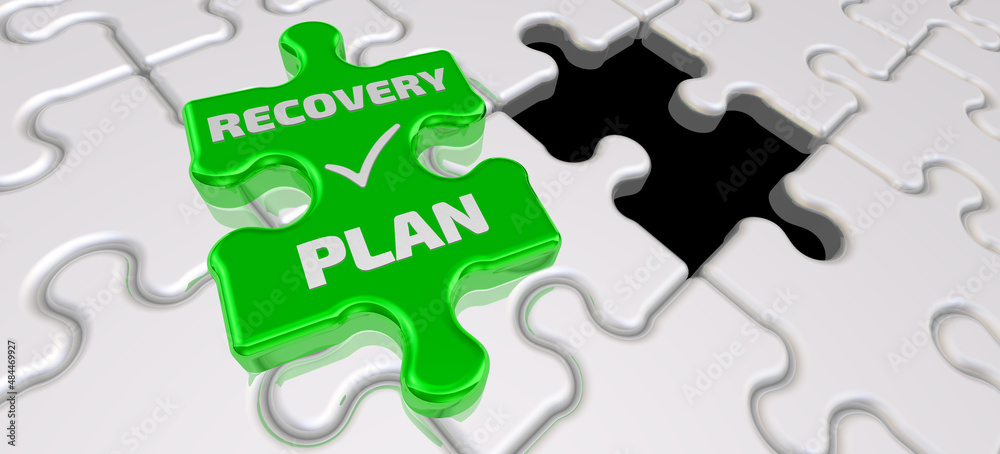 Recovery plan. Final piece of the puzzle. Folded white puzzles elements and one final green piece of the puzzle with text RECOVERY PLAN and check mark. 3D illustration Recovery plan. Final piece of the puzzle. Folded white puzzles elements and one final green piece of the puzzle with text RECOVERY PLAN and check mark. 3D illustration