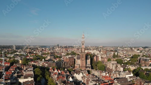 Amsterdam aerial of historic center with canals and famous tower 'Westertoren'. photo