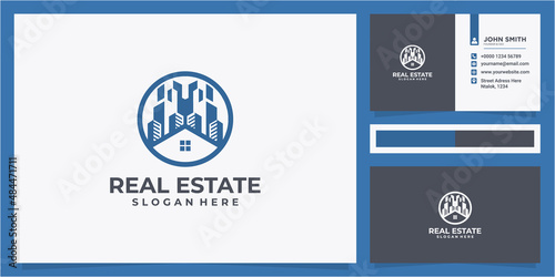 modern real estate building logo design concept with business card design. building icon, real estate logo