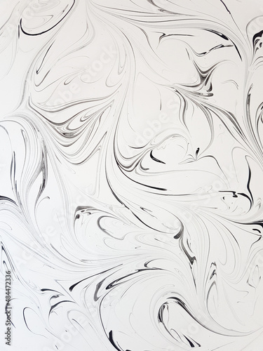 Black and white abstraction with liquid acrylic paint. Smooth lines and stains. . High quality photo